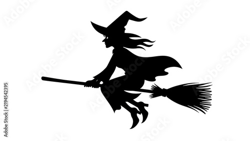 Obraz na plátně Black silhouette of a witch flying on a broomstick, isolated on transparent back