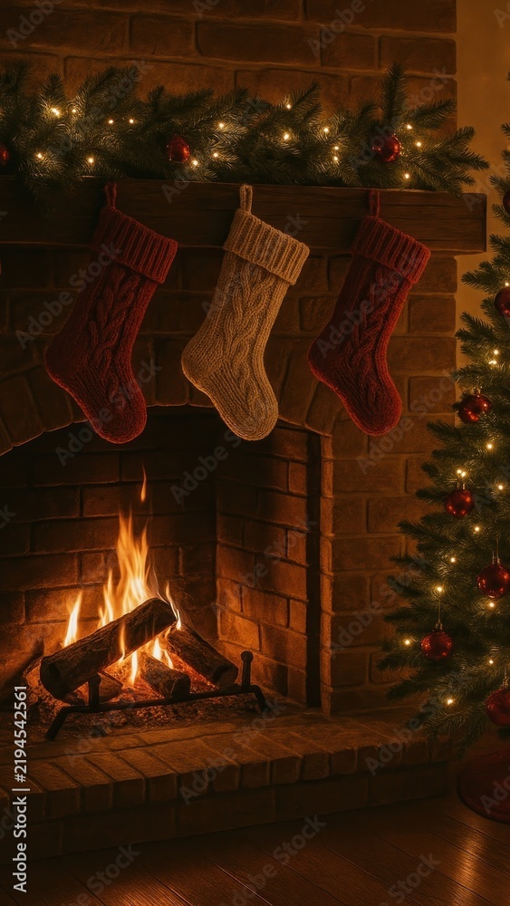 Fototapeta premium Cozy fireplace with Christmas stockings.