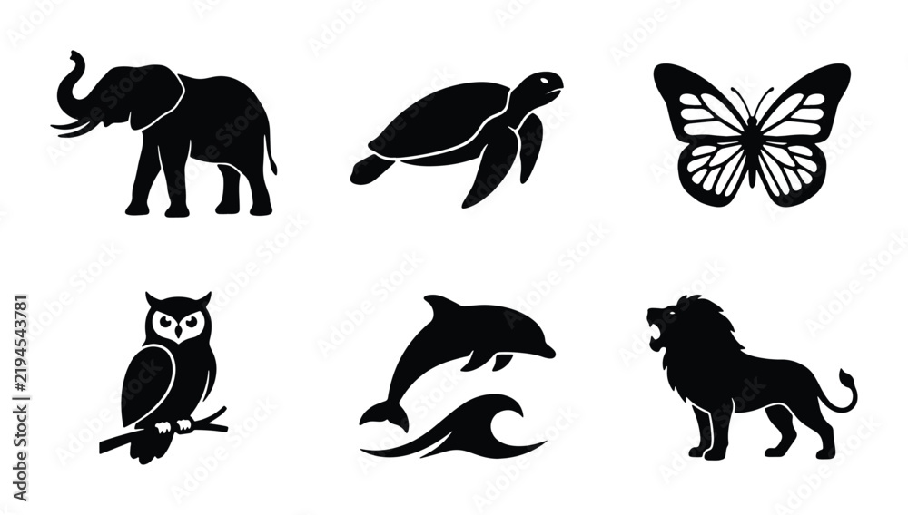 Obraz premium Black Silhouette Animal Icons Set: Elephant, Turtle, Butterfly, Owl, Dolphin, Lion Vector Graphics