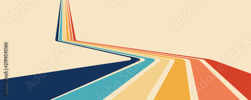 Retro 70s rainbow stripe motion with psychedelic refracted speed lines,bg groovy geometric pattern and multicolor abstract ribbon road,vibrant vector illustration for poster layouts,banner backgrounds