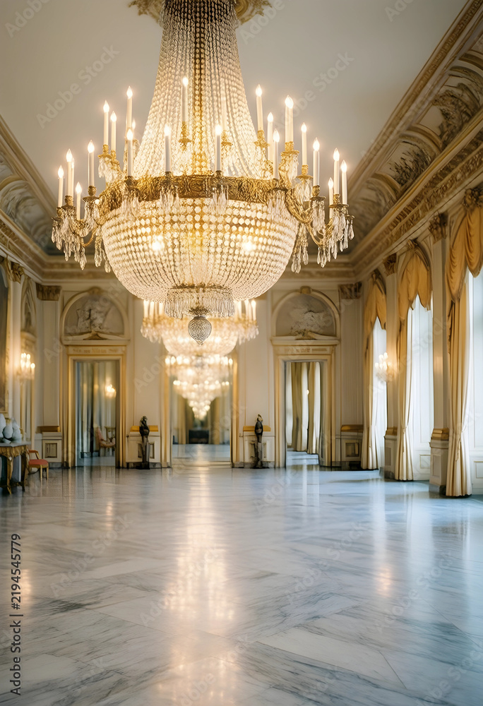 Obraz premium Luxury interior design and opulence, grand ballroom with crystal chandeliers and marble floors in a historic palace for high-end event venue marketing