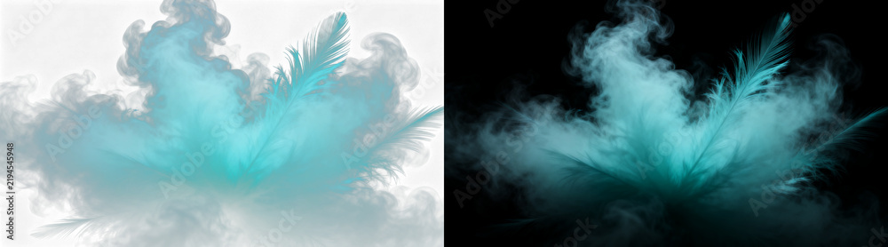Obraz premium Cyan blue feather with ethereal smoke effect, soft turquoise plumage dissolving into mist, abstract bird feather texture for creative design isolated on Transparent Background