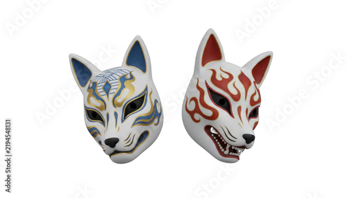 Two Traditional Japanese Fox Masks with Red and Blue Patterns