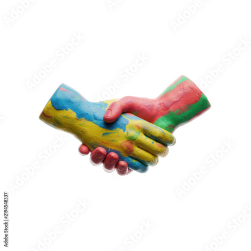 Colorful Clay Hands Shaking in a Friendly Agreement
