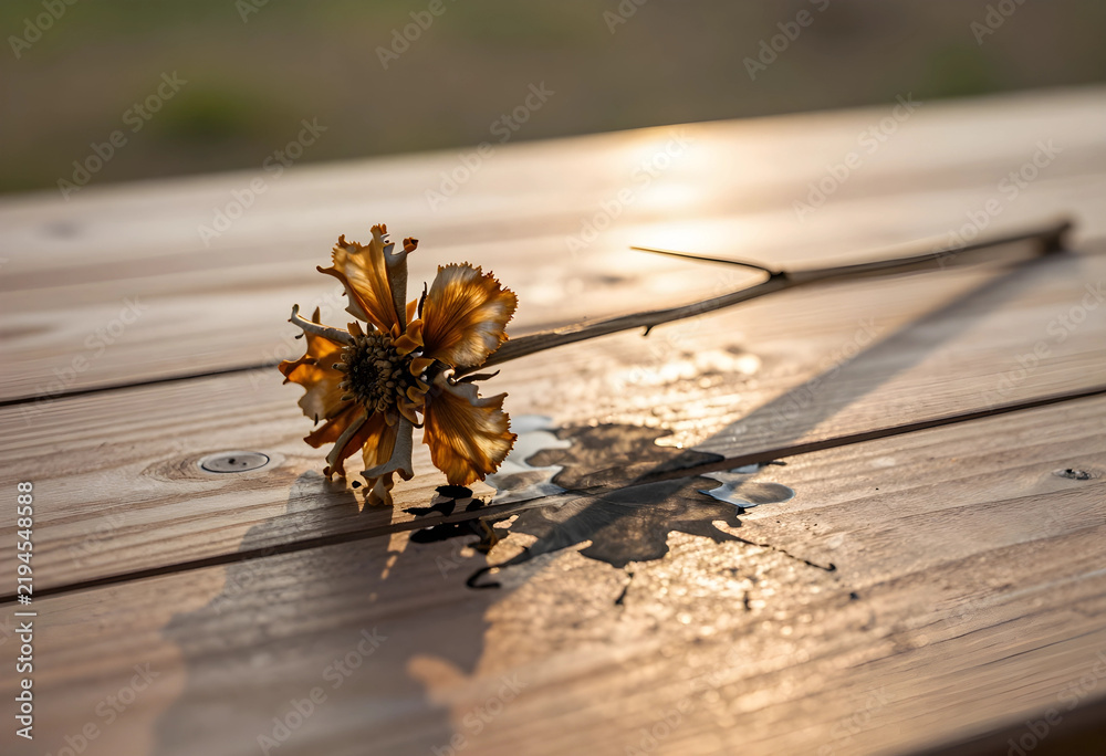 Obraz premium Loss and grief concept withered flower on wooden table with spilled water sadness and loneliness end of life and decay melancholic mood at sunset