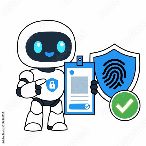 Cute cybersecurity robot protecting digital data with fingerprint shield, secure document, lock icon, and verification checkmark vector illustration