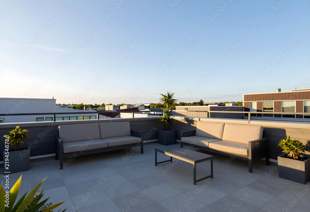 Fototapeta premium Urban lifestyle and real estate development, modern rooftop terrace with outdoor furniture and lounge area for relaxation in a residential apartment complex