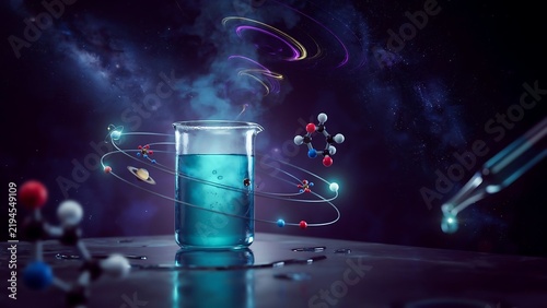 Scientific beaker with molecular structures and cosmic background