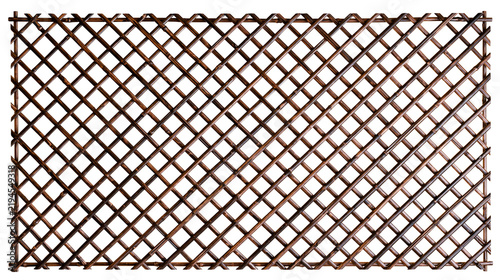 Isolated dark brown wooden garden trellis with diagonal lattice pattern for climbing plants