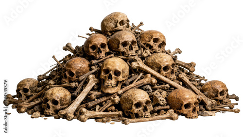 Картината върху платно Pile of human skulls and bones, isolated on transparent background