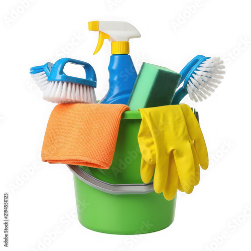 A bucket filled with cleaning supplies