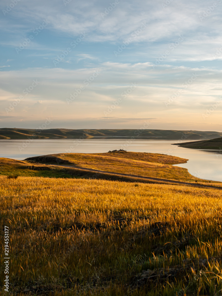 Obraz premium A vertical landscape capture of a glowing grassy meadow lit by warm golden hour sunlight, sloping down toward a serene lake surrounded by rolling hills and soft evening clouds.