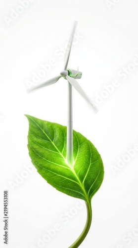 Conceptual image of renewable energy with wind turbine and leaf symbolizing sustainability and eco friendliness