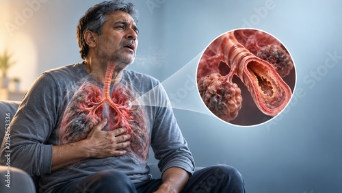 Senior Man Suffering from Chronic Lung Disease with Anatomical Illustration of Damaged Bronchial Tissue and Inflammation