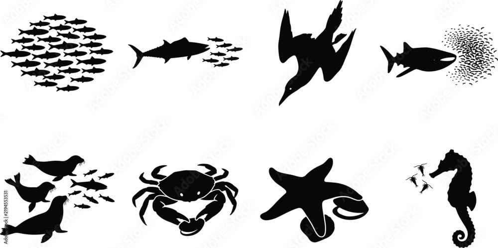 Fototapeta premium Ocean food chain and marine life feeding behavior black silhouette vector set isolated on white