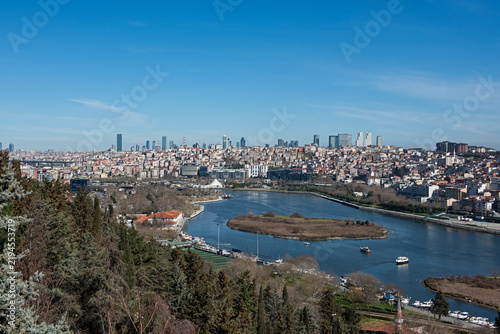 Aerial panoramic view over the Bosphorus river and Istanbul Turkey from the famous Pierre Loti Cafe showing beautiful cityscape skyline against blue sky background