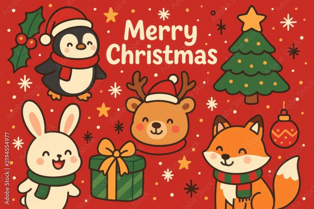 Naklejka premium Festive cartoon animals celebrate Christmas.