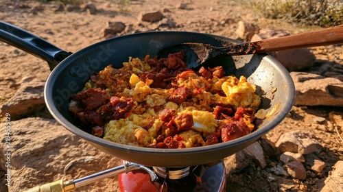 Spicy chorizo and eggs scrambling in a pan over a portable butane stove, desert camping
