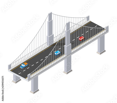 Isometric suspension bridge carrying cars on urban highway