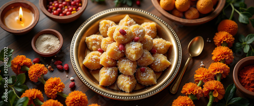 Top-down view of Indian sweets mithai on brass plate with diyas and marigold for Diwali food photography festive menus and cultural articles