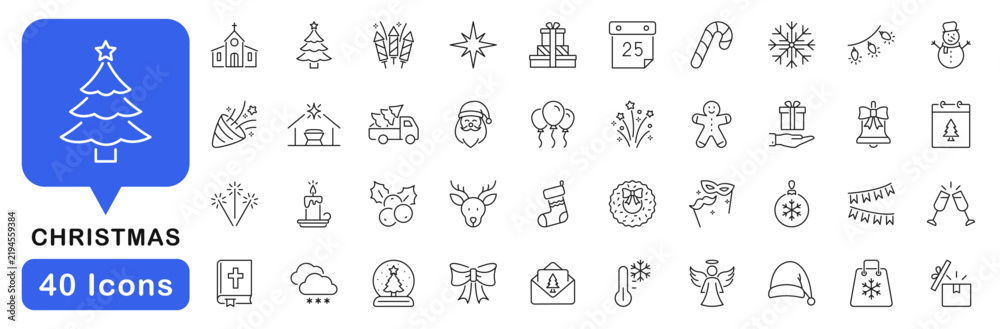Obraz premium Christmas icon set. Xmas icon in line style. Editable web icons holiday, santa claus, christmas tree, snow, snowman, fireworks, gift, angel, new year etc. Vector illustration.