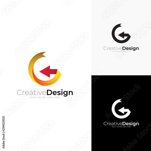 Simple letter G logo and arrow design company, ribbon logos