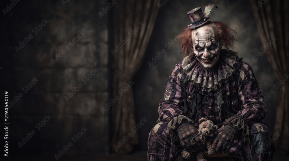 Fototapeta premium Scary evil clown sitting in a dark room holding a teddy bear