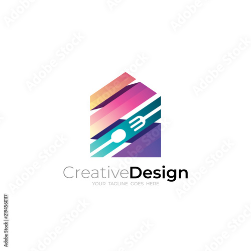 Restaurant logo featuring a building symbol and cutlery. 3d colorful