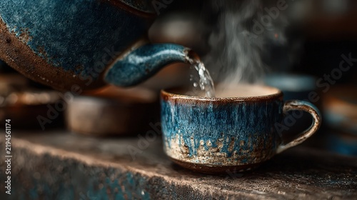 Steaming Water Pouring into Rustic Ceramic Cup: Traditional Tea Ceremony, Warmth, and Comfort on a Wooden Table.
