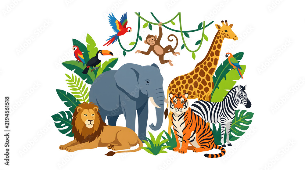Obraz premium Colorful watercolor illustration featuring various wild jungle animals like a lion elephant giraffe and zebra in nature