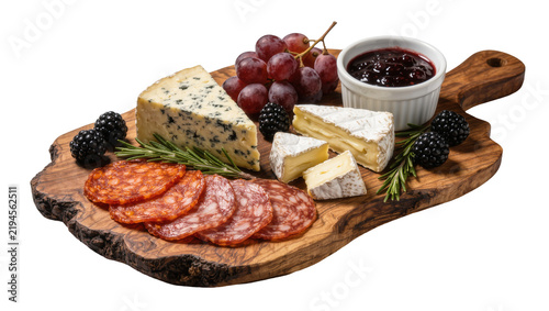 Bild auf Leinwand Gourmet cheese and charcuterie board with grapes berries jam and rosemary, isola