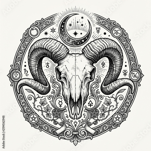 Ram skull illustration with celestial symbols and ornamental details  