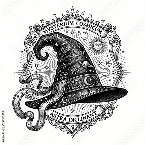 Mystical wizard hat adorned with celestial symbols and ribbons  