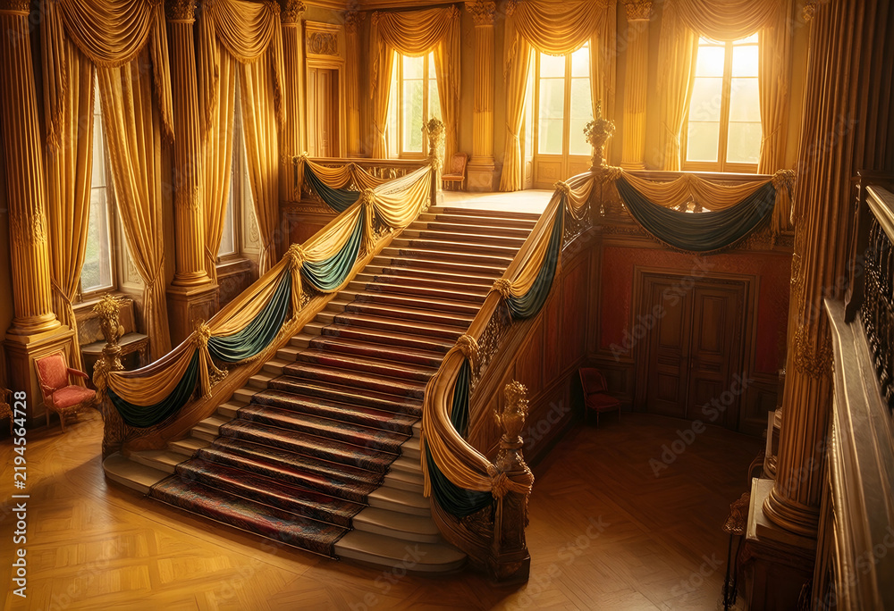 Obraz premium Luxury interior design and opulence, grand staircase in a historic mansion with golden curtains and ornate architecture for high-end real estate