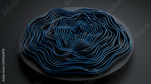 Intricate 3d topographic map with glowing blue contour lines and dark gradient background
