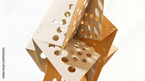Abstract geometric modular structure with perforated golden panels arranged in a dynamic compositional form