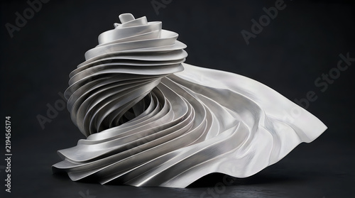Intricate spiral metallic sculpture with smooth curves and layered design on dark background