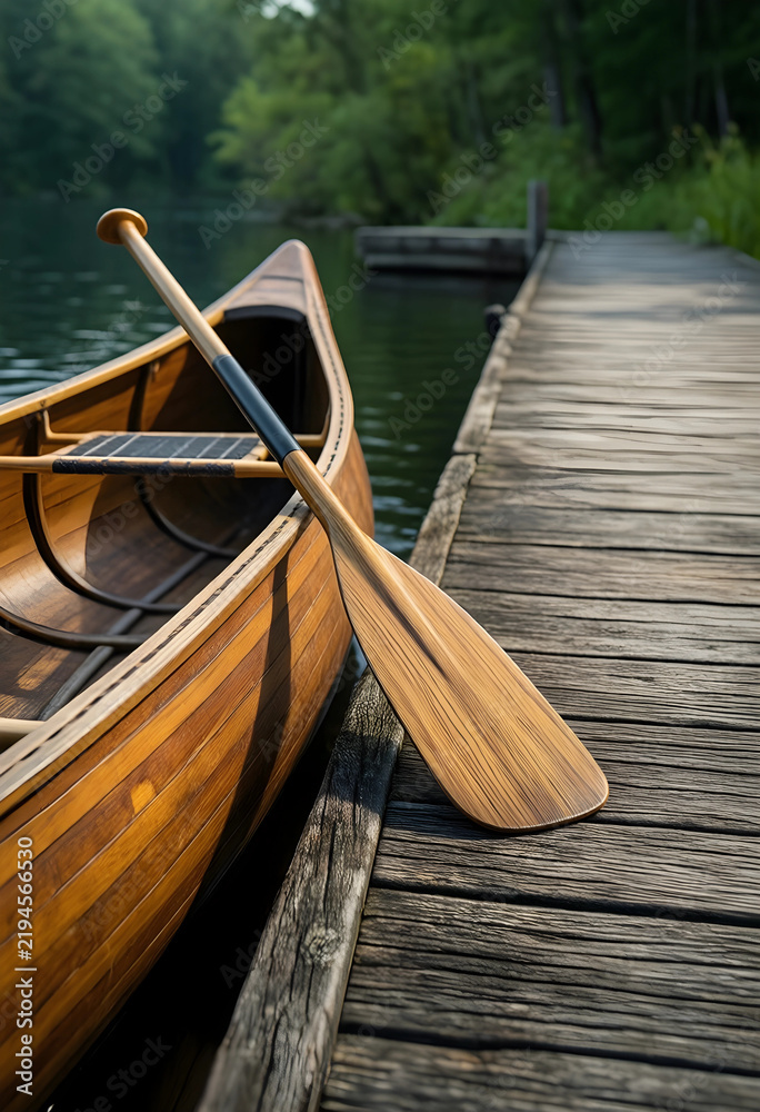 Fototapeta premium Outdoor recreation and adventure travel, wooden canoe with paddle moored at a rustic wooden dock on a calm lake during a peaceful summer morning