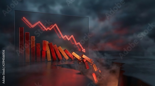 Financial market downturn concept with a collapsing red bar chart and a downward trend line amidst a dark and stormy atmospheric background