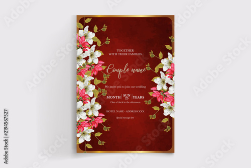 Elegant Burgundy Floral Wedding Invitation Template with Gold Border