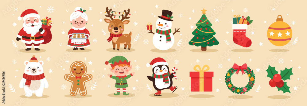 Fototapeta premium Christmas cartoon characters and elements illustrations set. Festive kawaii clipart for Christmas decorations