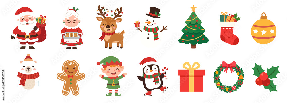Fototapeta premium Christmas cartoon characters and elements illustrations set. Festive kawaii clipart for Christmas decorations