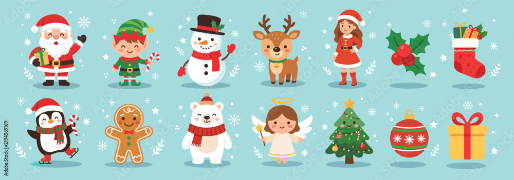 Fototapeta premium Christmas cartoon characters and elements illustrations set. Festive kawaii clipart for Christmas decorations