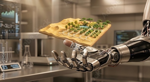 Highly detailed robotic hand holding a miniature greening ecosystem showing a desert-to-forest transformation with an integrated water pipeline grid, set in a futuristic laboratory.