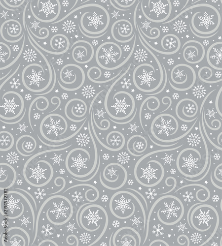 Seamless Christmas Snowflakes And Swirl Pattern On Gray Background