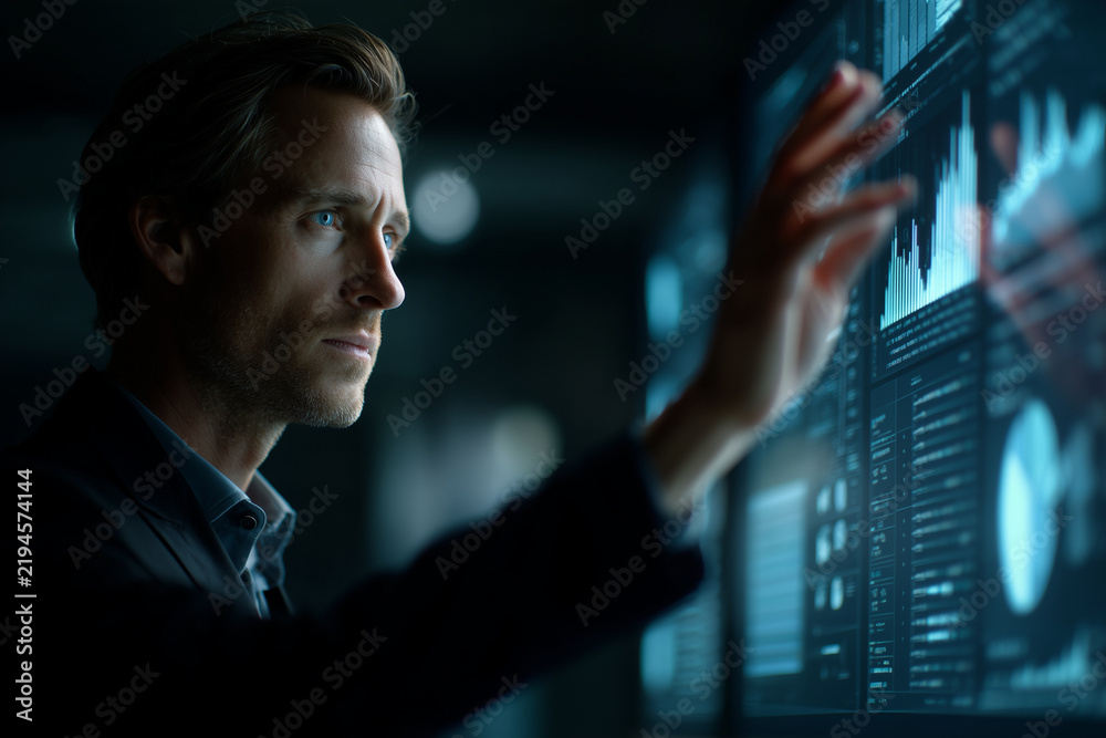 Fototapeta premium Corporate team analyzing AI-generated insights on interactive smart wall charts. 