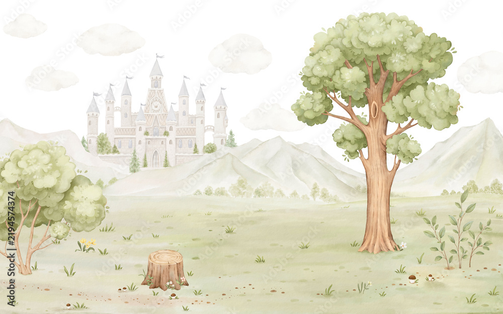 Obraz premium Watercolor horizontal landscape with green meadow, tree, bush, stump and cute castle in the mountains on backdrop clouds. Handmade template for your design wallpapers, background, mural for kids room