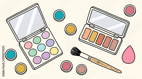 Makeup artist applying eyeshadow palette in beauty studio with professional tools