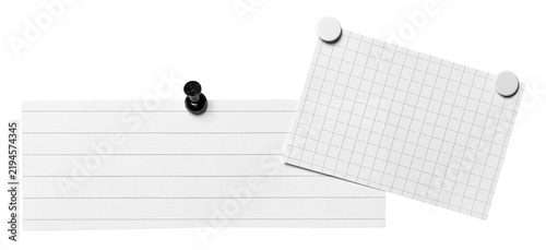 Two checkered and ruled graph recycled rough paper notes with pins or thumbtacks with copy space for text, with squares lines or grid pattern rough fiber texture transparent background design element
