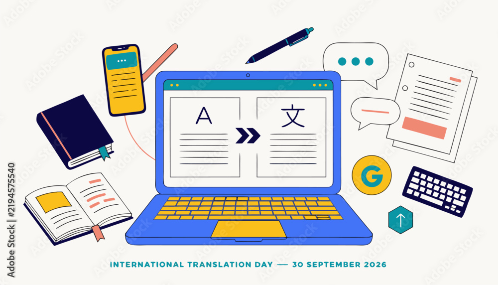Fototapeta premium Digital laptop displaying translation symbols with stationary icons for international day